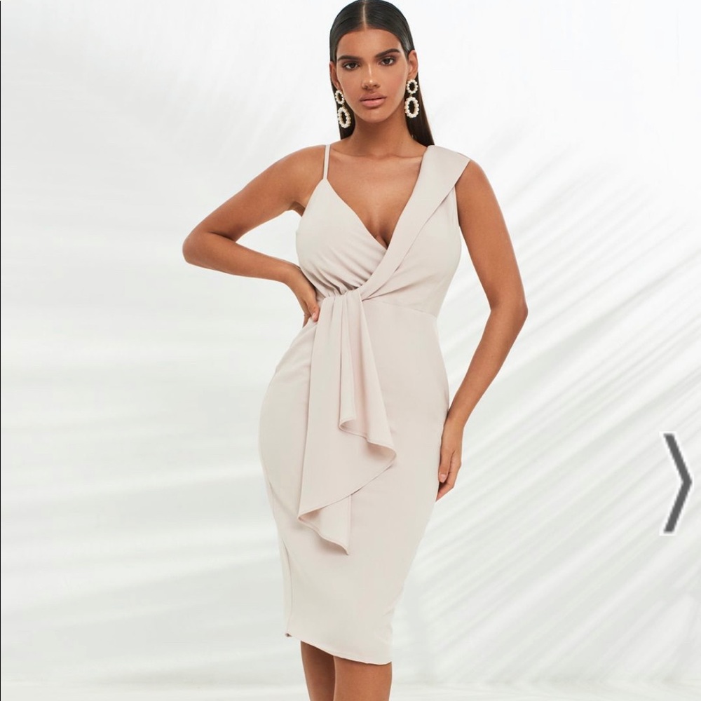 Lavish Alice Folded Lapel Wrap Midi Dress in Stone